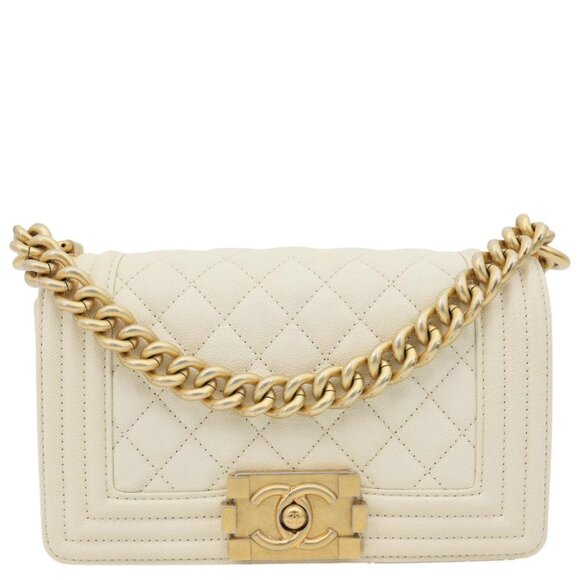 Chanel Boy Flap Small Quilted Caviar Leather Chain Shoulder Bag Cream - Picture 1 of 14